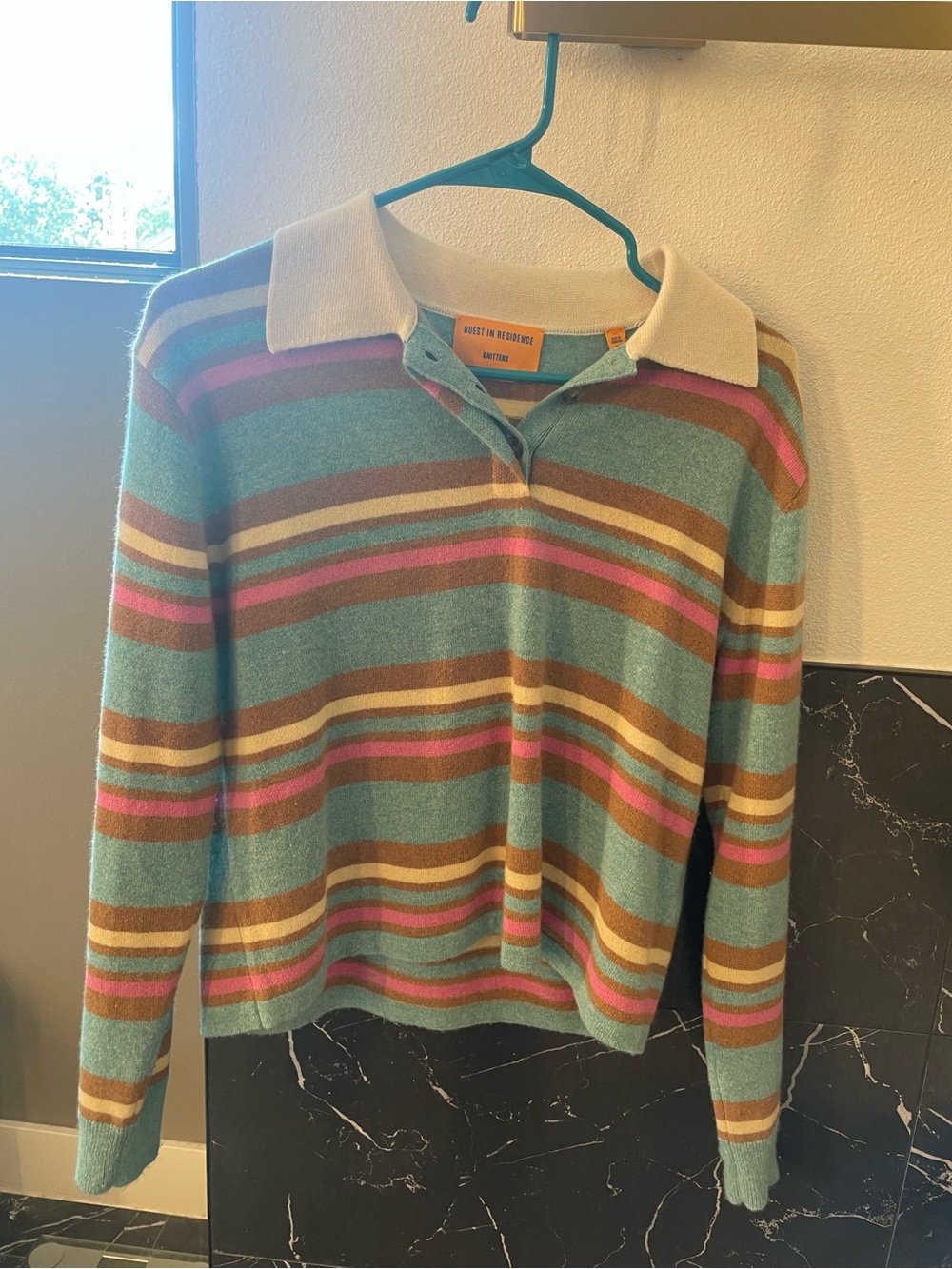 Guest in Residence Relaxed Stripe V-Neck Cashmere Sweater in Aqua, Pink & Brown